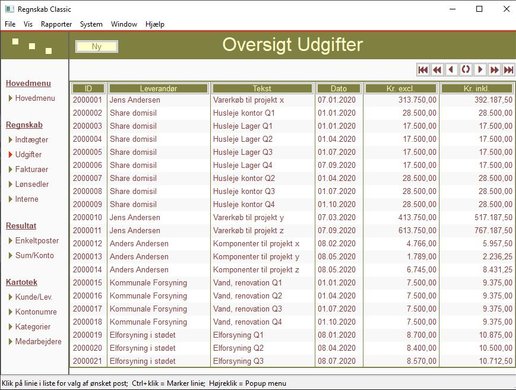 Regnskab Classic, Demo version, skærmdump af oversigt udgifter